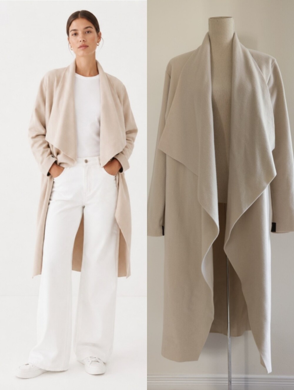 NWT Henriette Steffensen Fleece Waterfall Draped Open Front Long Cardigan Cream